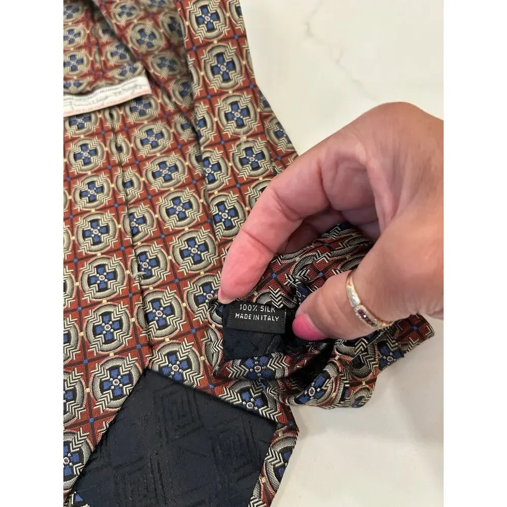 Frank Lloyd Wright Foundation Mens Tie 3.5” Brown Geometric Silk Made In Italy